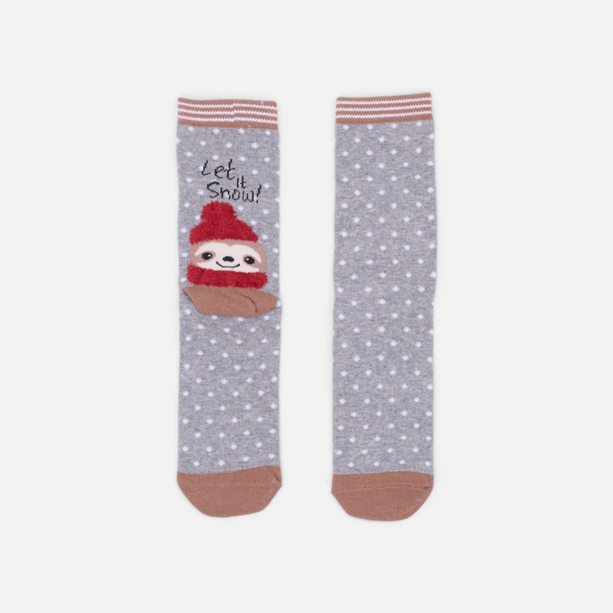 Grey socks with small white polka dots with winter sloth "let it snow"