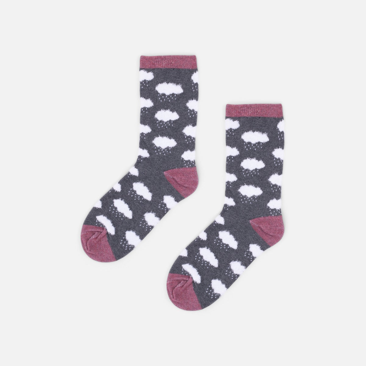Grey and dark pink socks with white cozy clouds