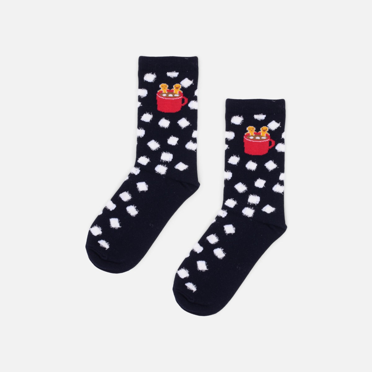 Navy blue socks with gingerbread men and marshmallows