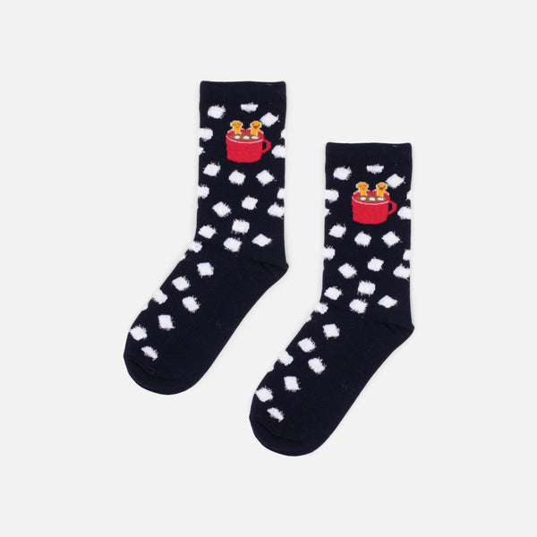 Load image into Gallery viewer, Navy blue socks with gingerbread men and marshmallows

