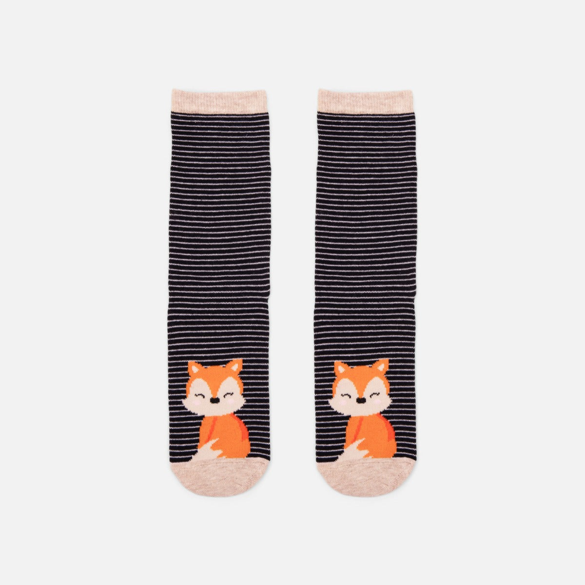 Navy blue and beige stripes socks with fox