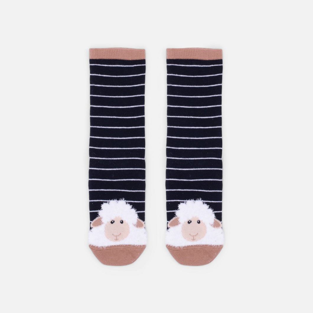 Navy blue and white stripes socks with cozy sheep