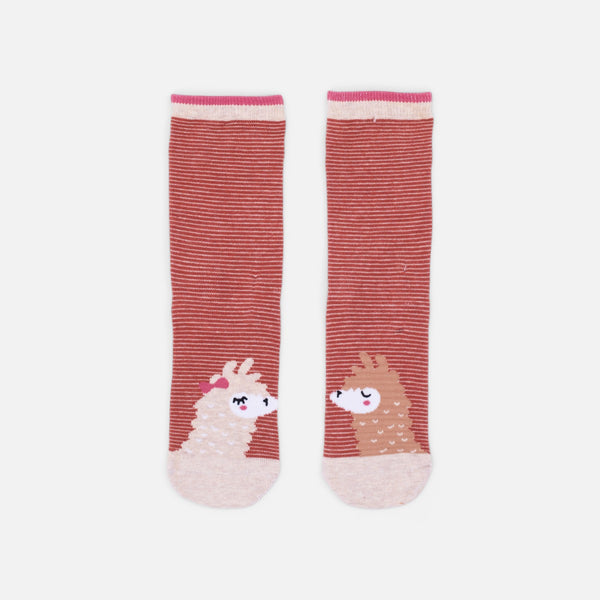 Load image into Gallery viewer, Burgundy and beige stripes socks with lamas in love 
