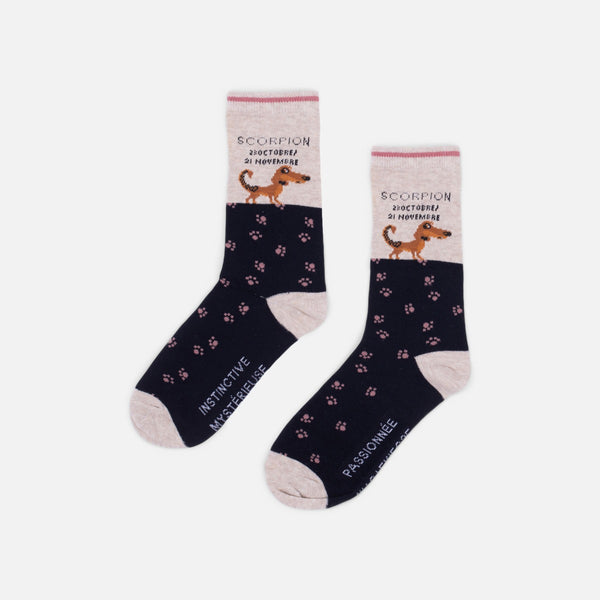 Load image into Gallery viewer, Navy blue and beige socks astrological sign &quot;scorpio&quot;
