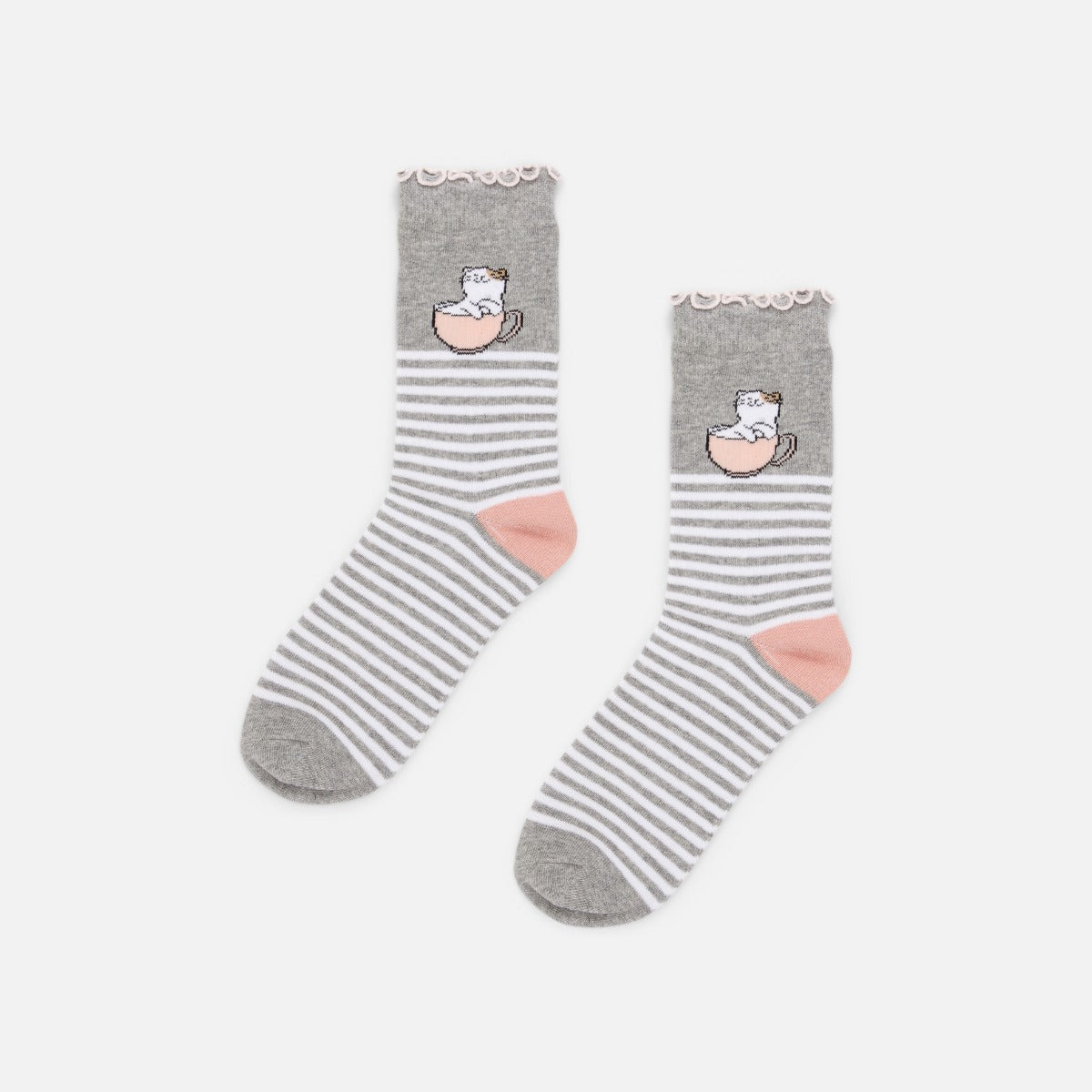 Grey and pink socks with white stripes and cat and scalloped edge