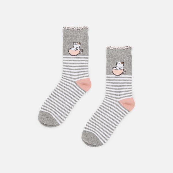 Load image into Gallery viewer, Grey and pink socks with white stripes and cat and scalloped edge
