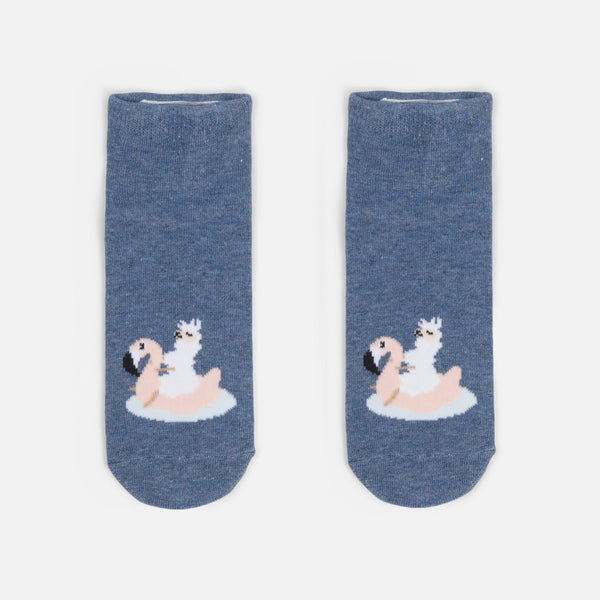 Load image into Gallery viewer, Denim blue ankle socks with llama and his pool float
