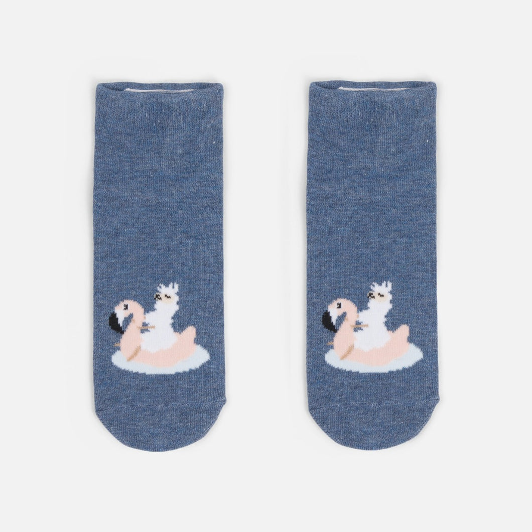 Denim blue ankle socks with llama and his pool float