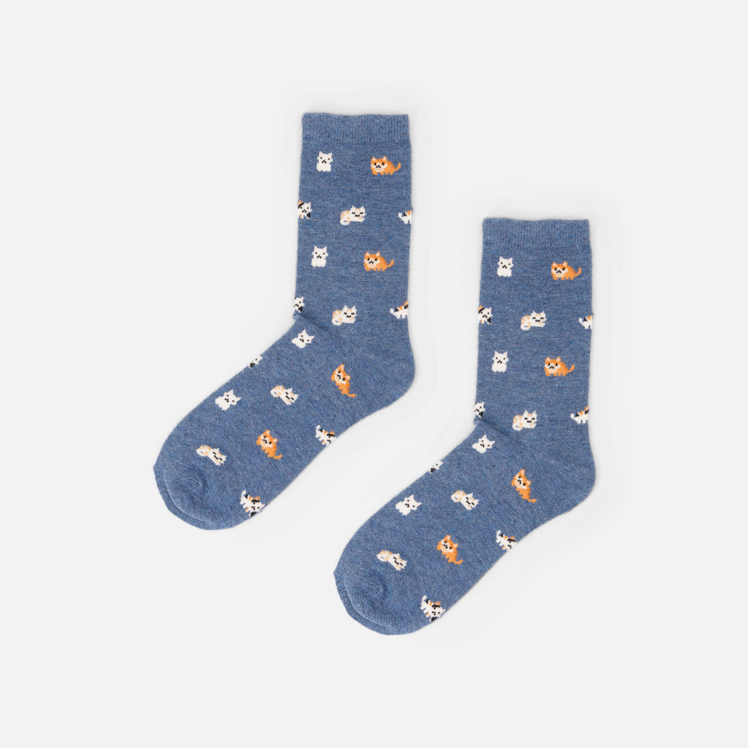 Denim blue socks with cats