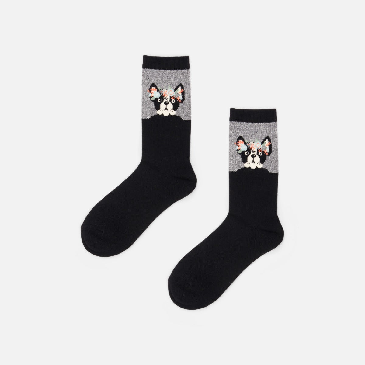 Black and grey socks with dog