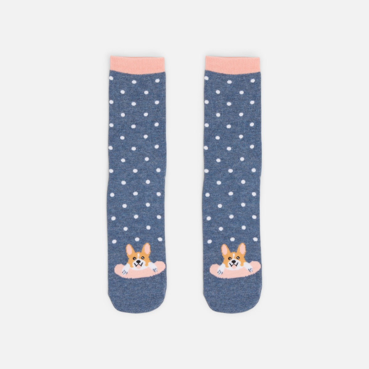 Denim blue socks with white polka dots and dog