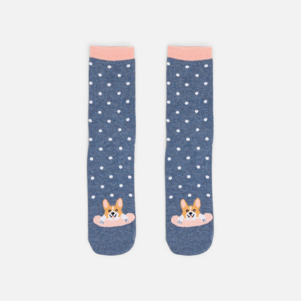 Load image into Gallery viewer, Denim blue socks with white polka dots and dog

