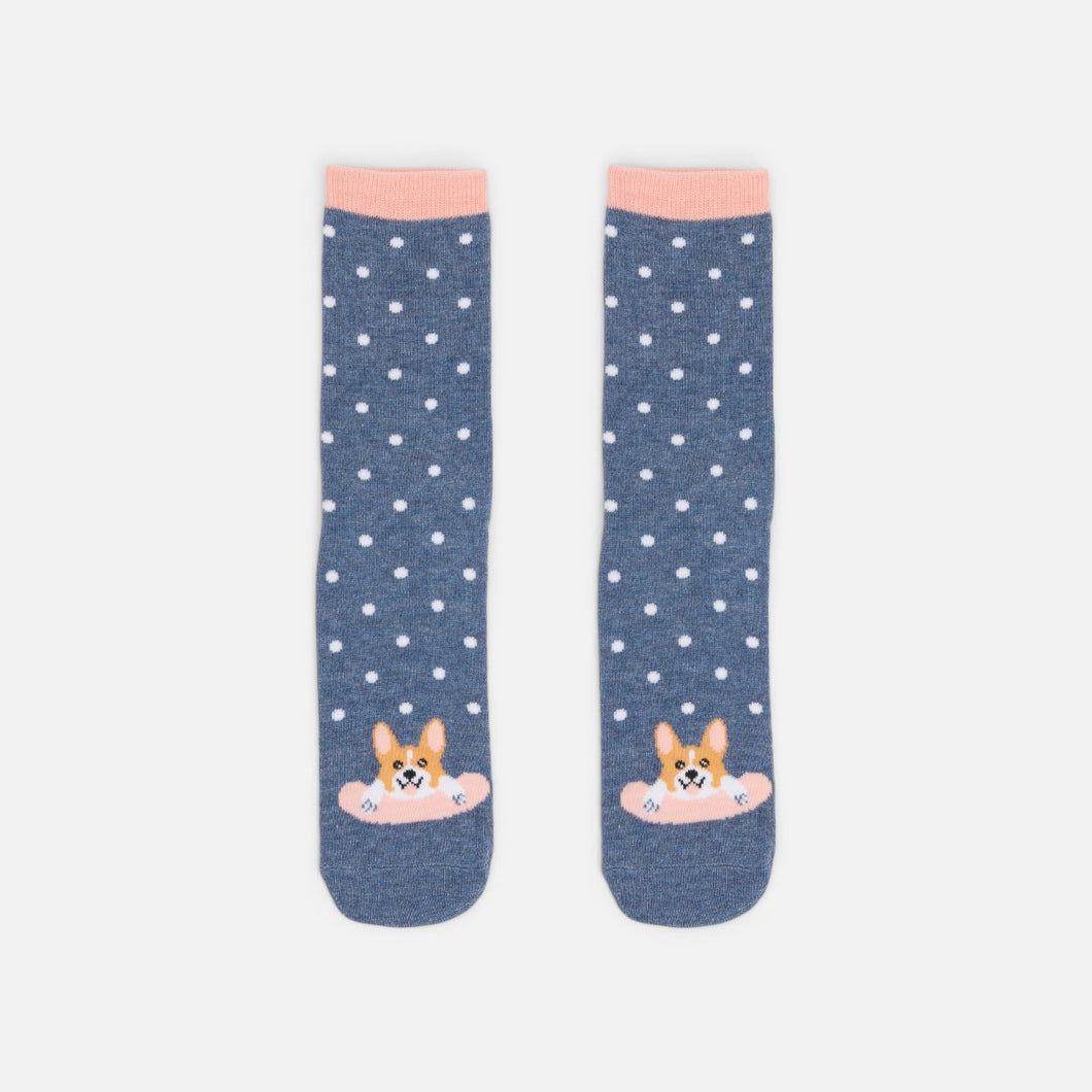 Denim blue socks with white polka dots and dog
