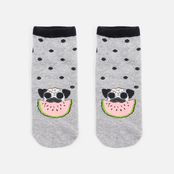 Load image into Gallery viewer, Grey ankle socks with black polka dots and dog
