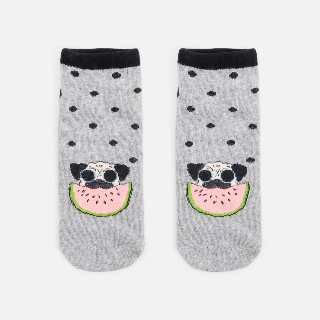 Grey ankle socks with black polka dots and dog