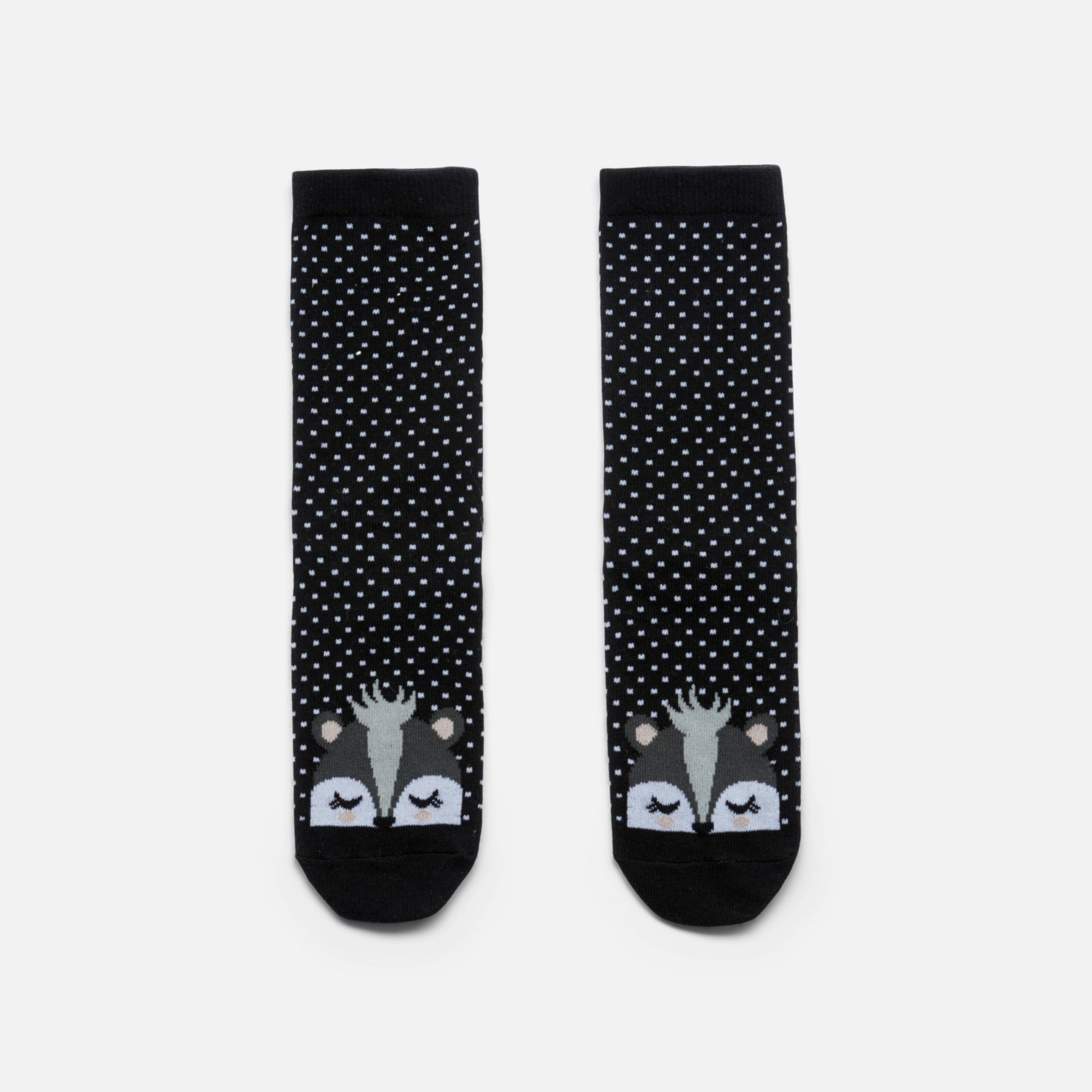 Black socks with polka dots and raccoons 