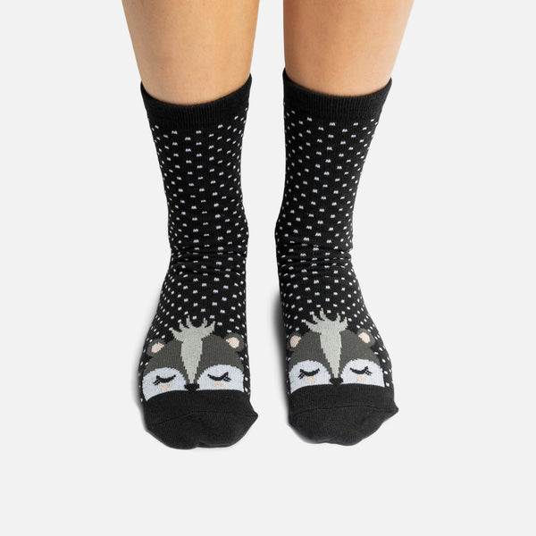 Load image into Gallery viewer, Black socks with polka dots and raccoons 
