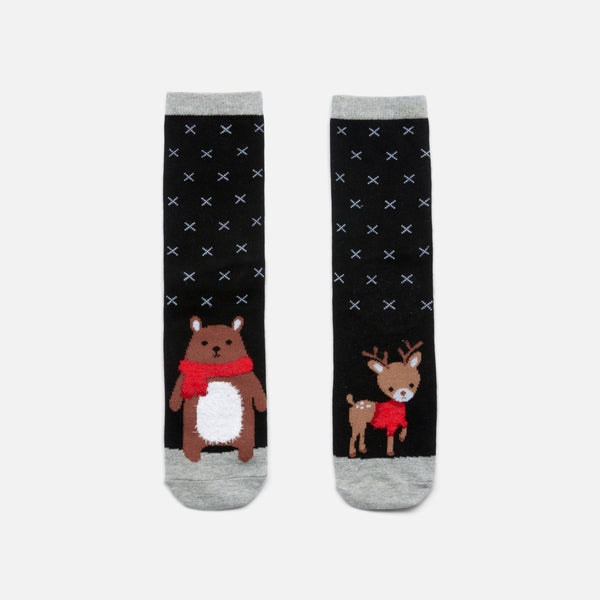 Load image into Gallery viewer, Black and grey socks with bear and deer 
