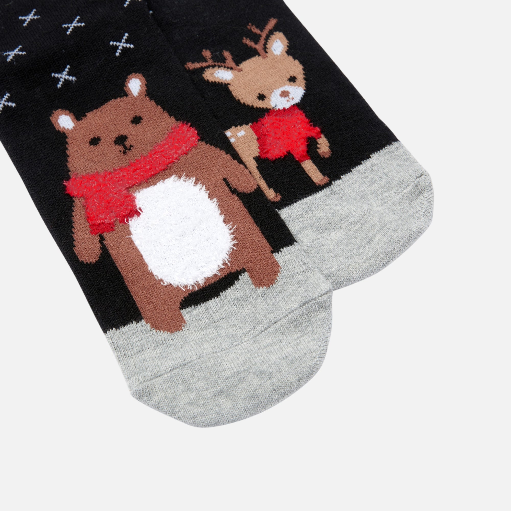 Black and grey socks with bear and deer 