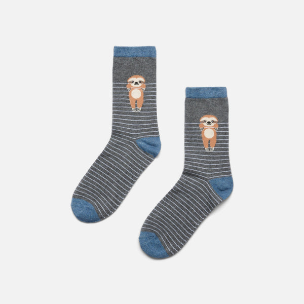 Load image into Gallery viewer, Dark grey socks with stripes and sloths
