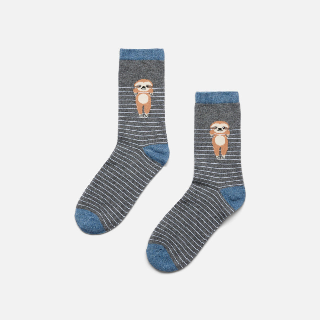 Dark grey socks with stripes and sloths