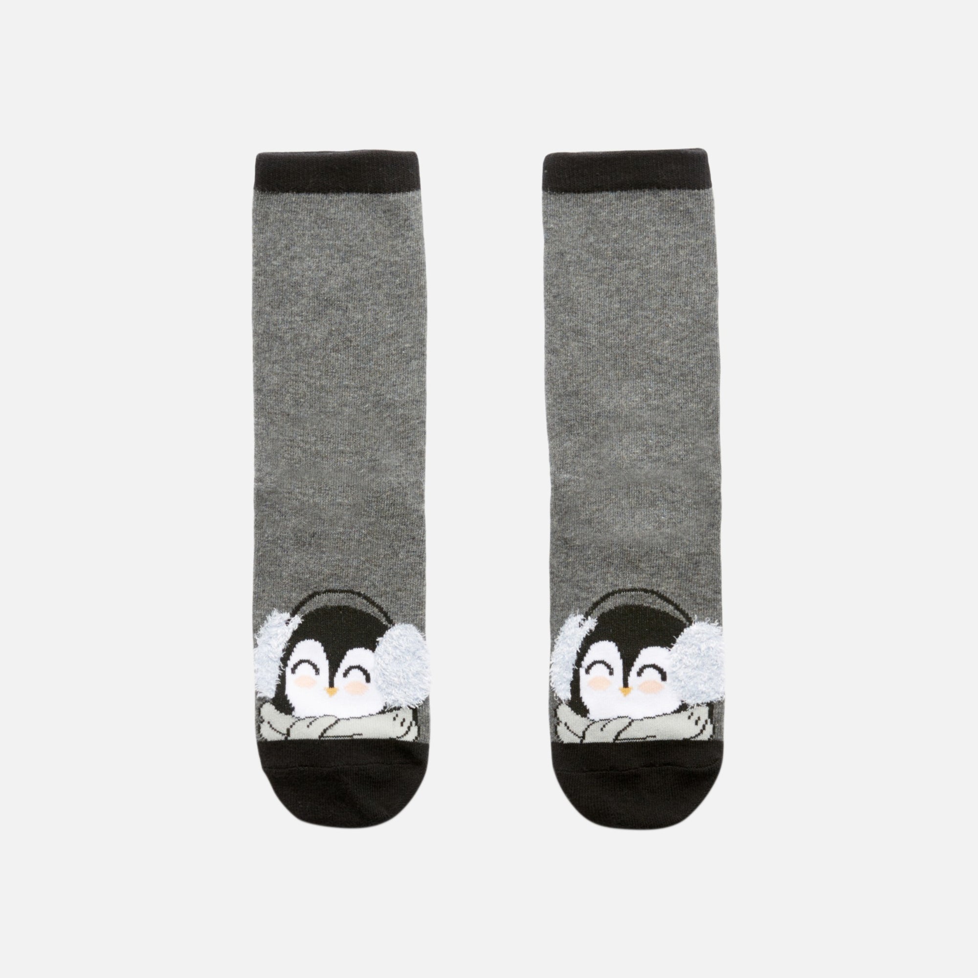 Dark grey socks with stripes and penguin