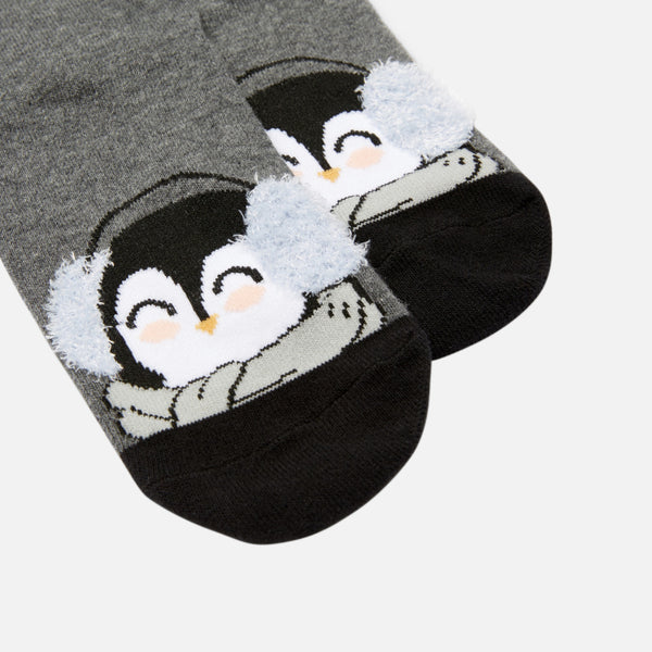 Load image into Gallery viewer, Dark grey socks with stripes and penguin
