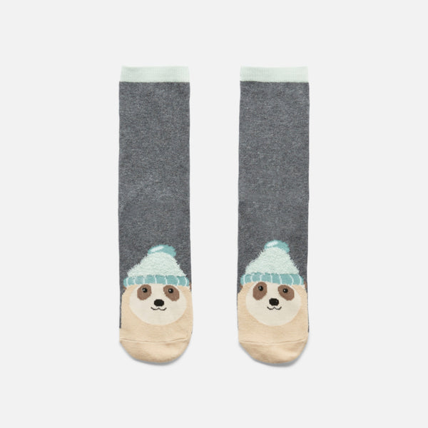 Load image into Gallery viewer, Dark grey socks with stripes and sloth 
