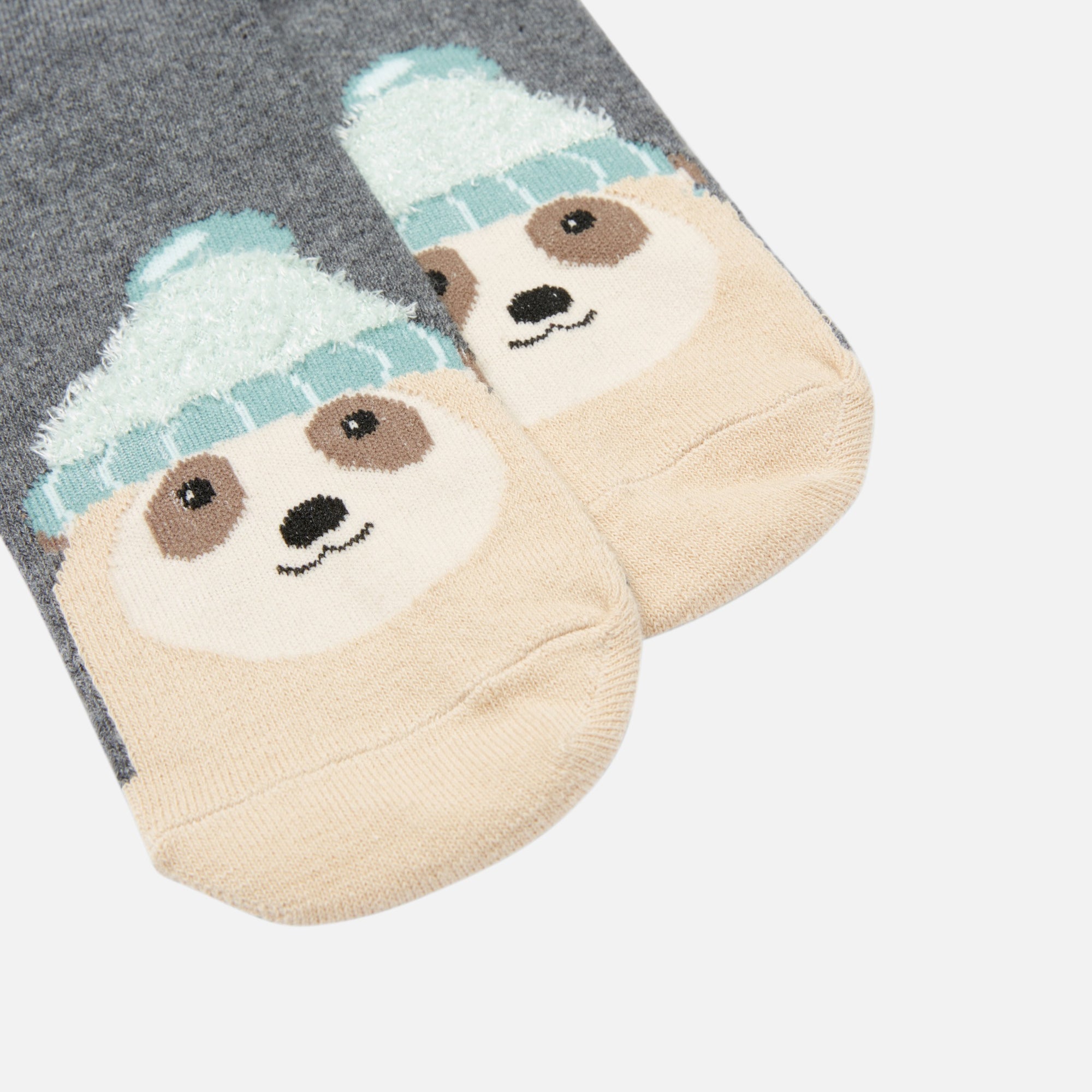 Dark grey socks with stripes and sloth 