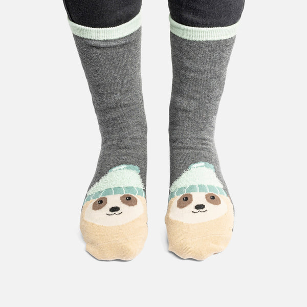 Load image into Gallery viewer, Dark grey socks with stripes and sloth 
