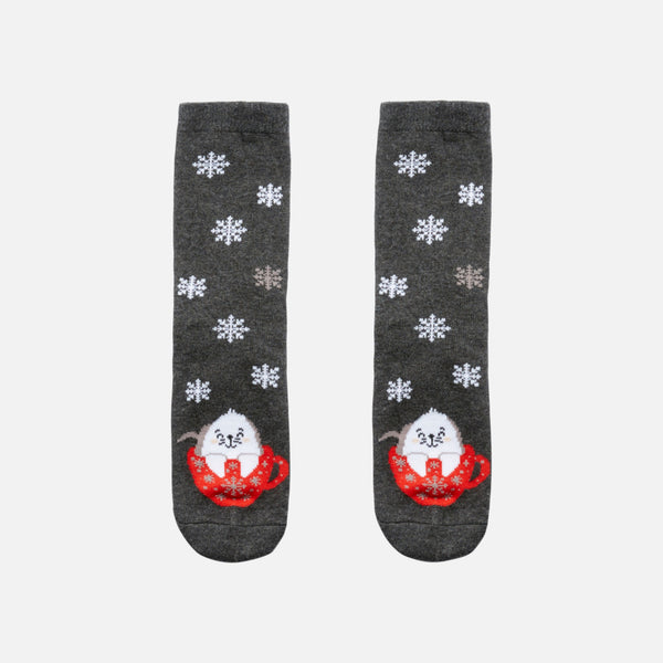 Load image into Gallery viewer, Dark grey socks with snowflakes and beluga 
