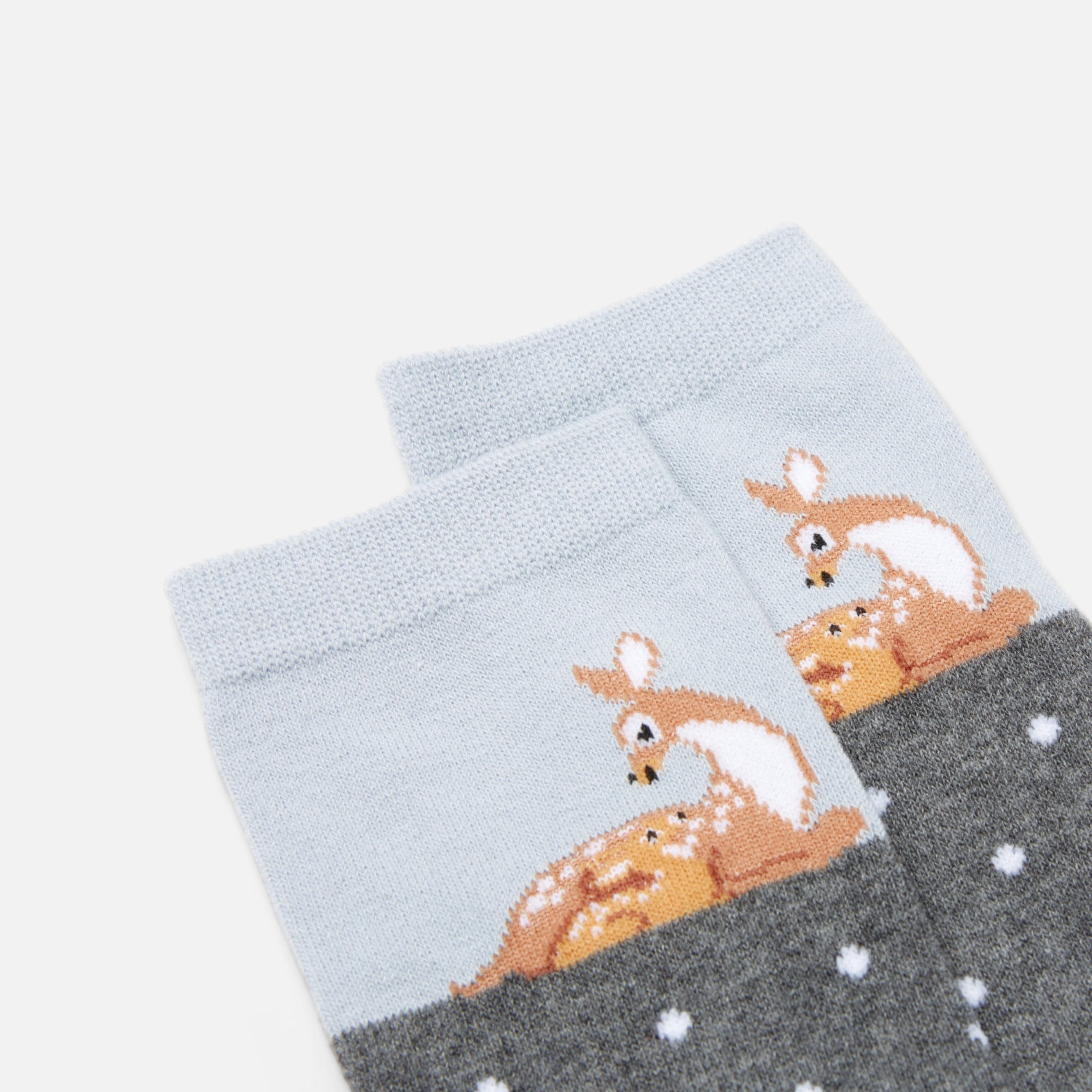 Dark grey socks with a deer and its baby