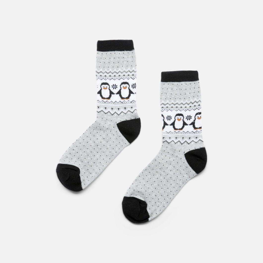 Grey socks with penguins and norwegian pattern