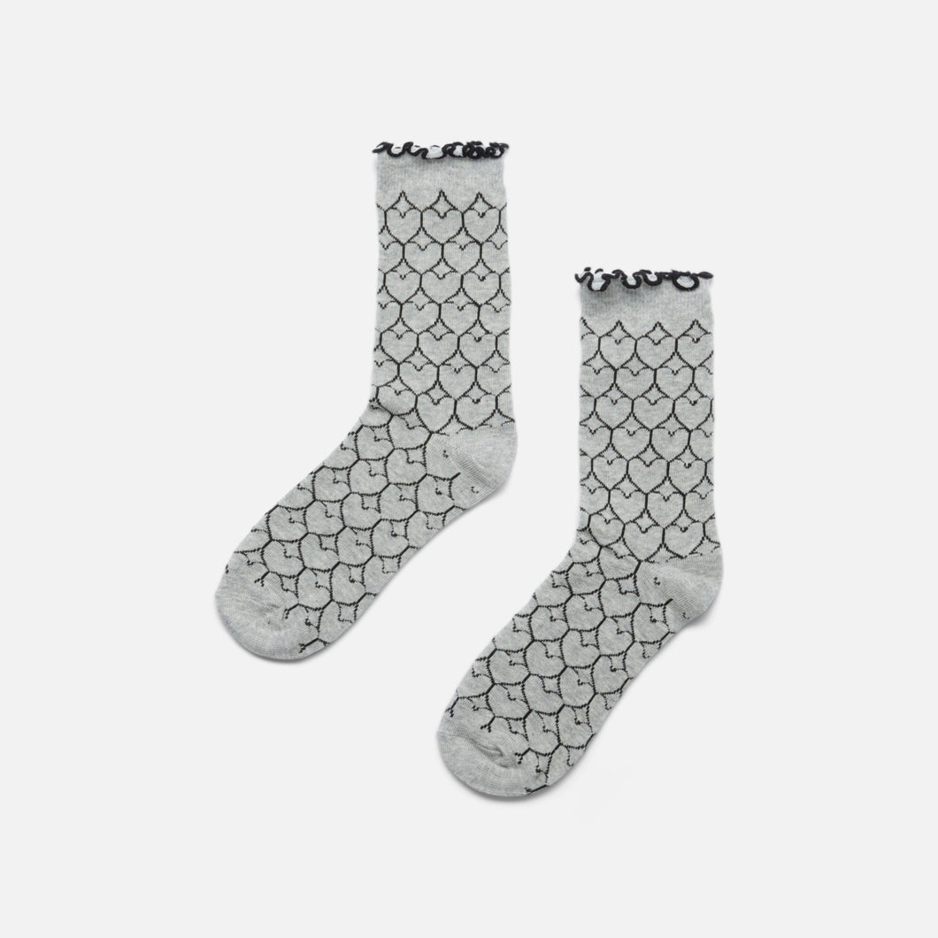 Black and grey scalloped egde socks with hearts