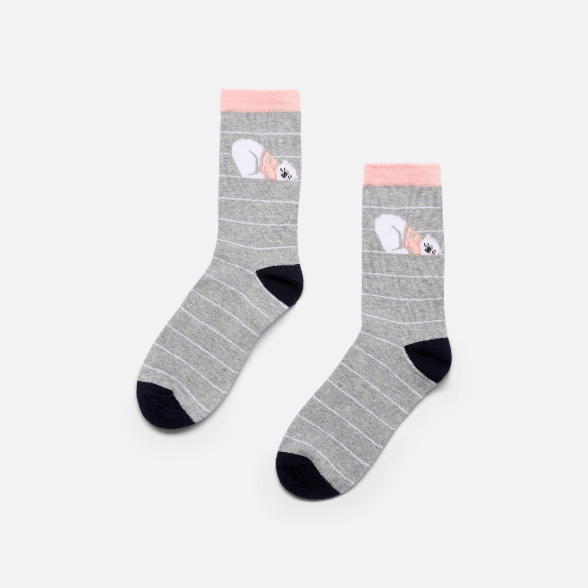 Grey socks with stripes and bears