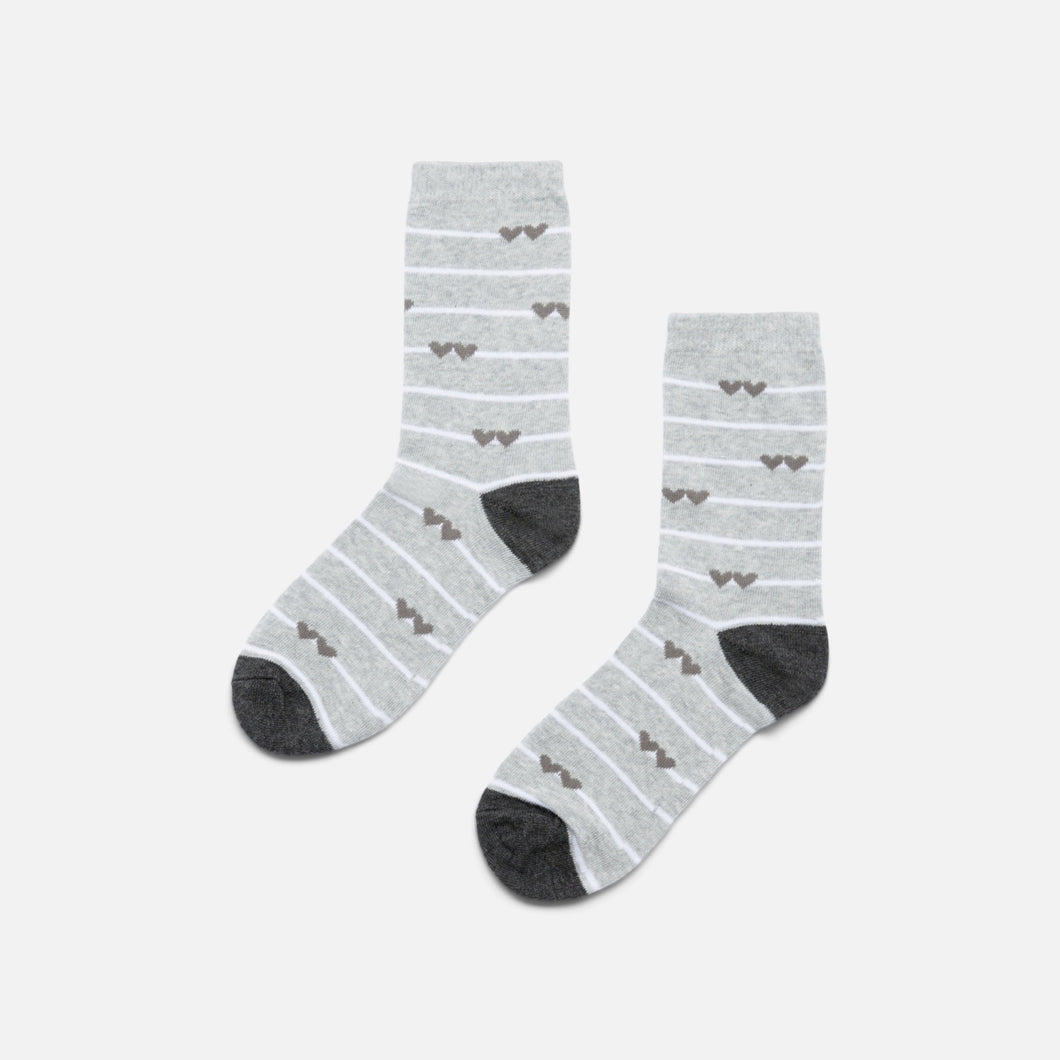 Grey socks with stripes and small hearts