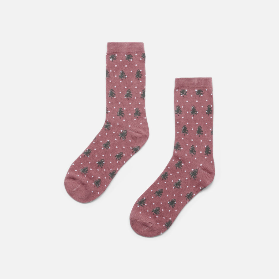 Pink socks with white polka dots and trees 