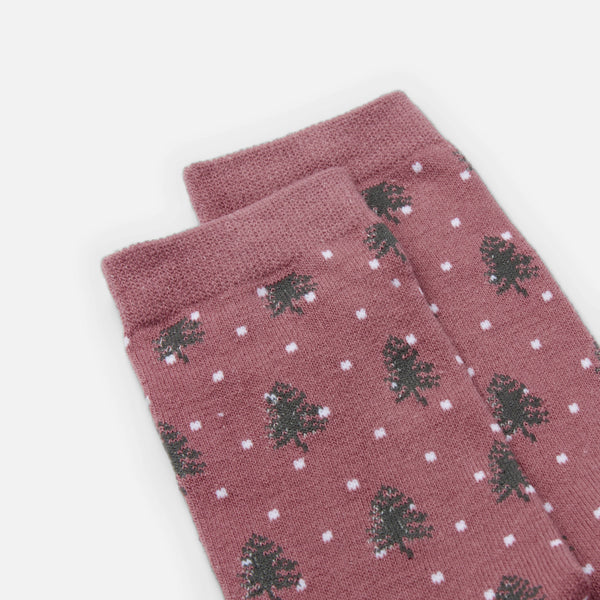 Load image into Gallery viewer, Pink socks with white polka dots and trees 
