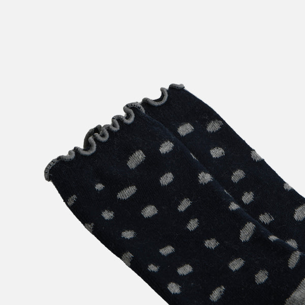 Load image into Gallery viewer, Blue navy socks with grey polka dots and frill trim
