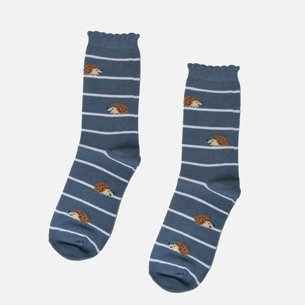 Load image into Gallery viewer, Blue socks with hedgehog on stripes
