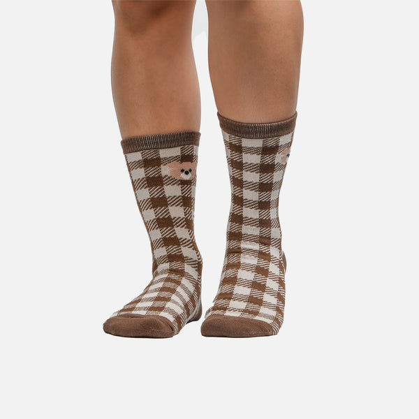 Load image into Gallery viewer, Brown plaid socks with teddy
