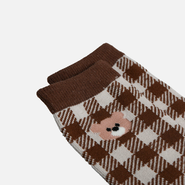 Load image into Gallery viewer, Brown plaid socks with teddy
