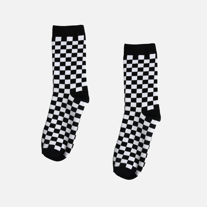 Grey and white socks with checkerboard