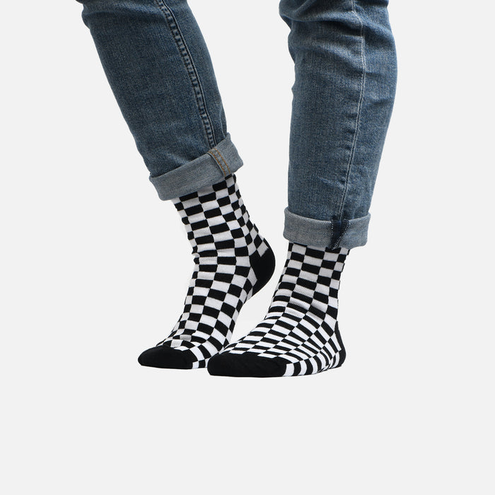 Grey and white socks with checkerboard