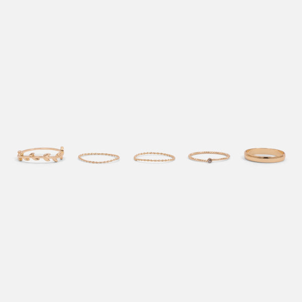 Load image into Gallery viewer, Set of five golden rings with leaf, zirconium, twist and plain
