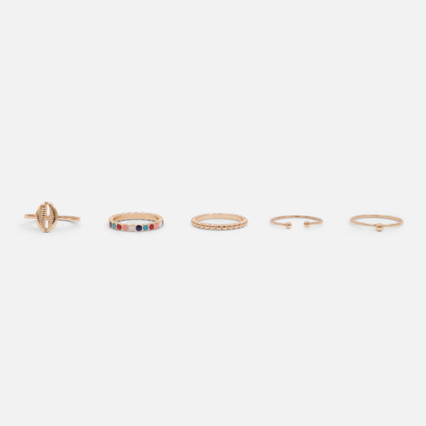 Load image into Gallery viewer, Set of five golden rings with colors and shells
