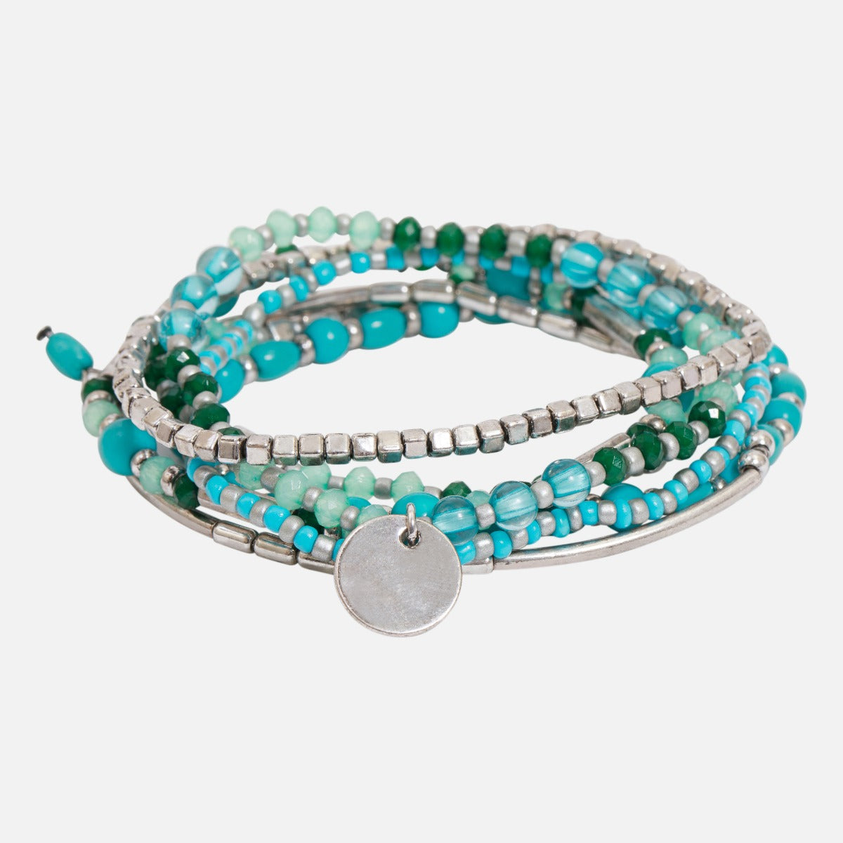 Set of seven blue and grey elastic bracelets