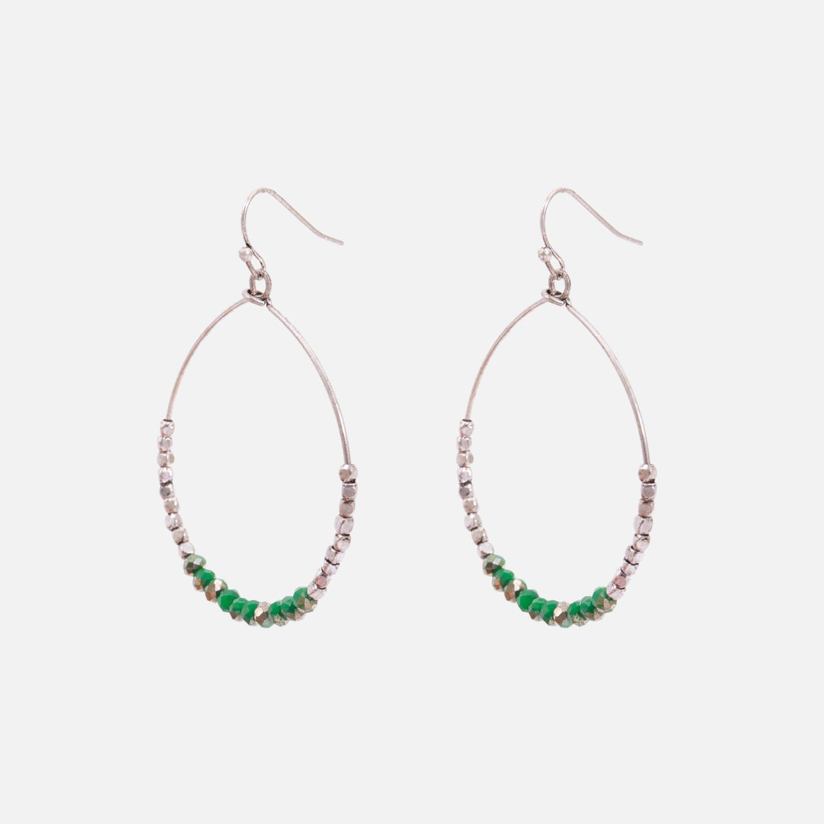 Earrings with silver and green beads