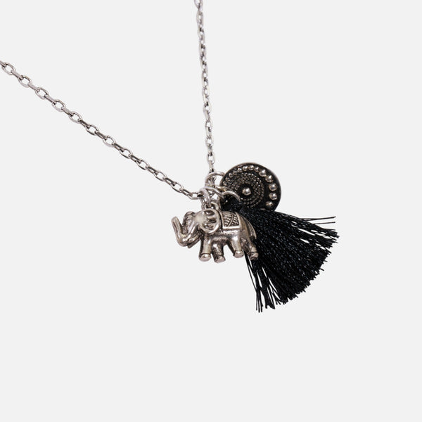 Load image into Gallery viewer, Silvered necklace with elephant and feather charms
