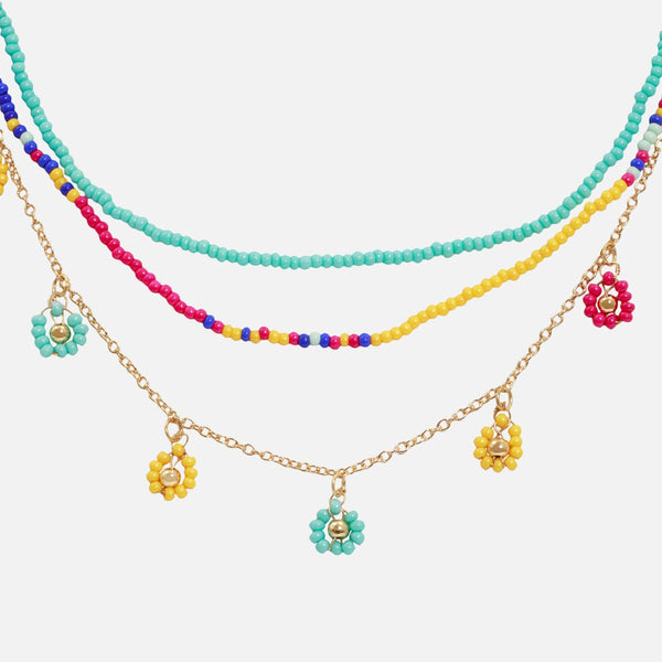 Load image into Gallery viewer, Three-row necklace with beads and daisies 
